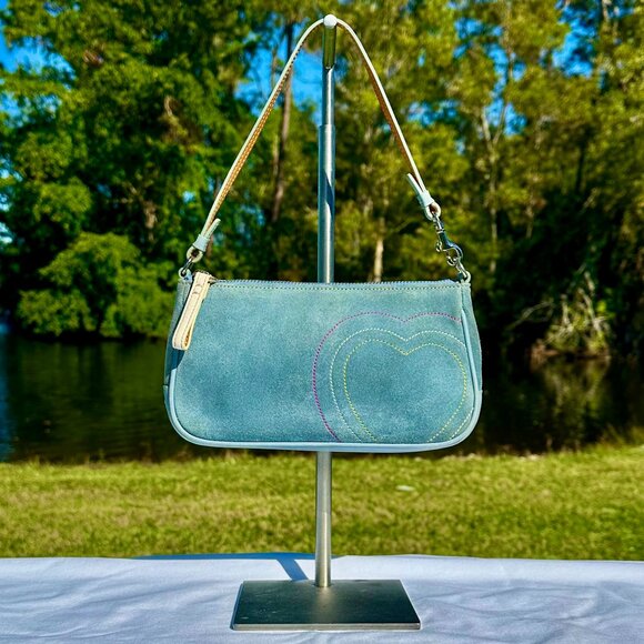 Coach Vintage Baby Blue Suede Leather Heart Stitched Demi Y2K Purse RARE 6732 - Picture 2 of 16
